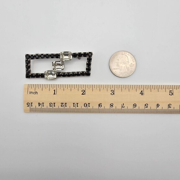 Vintage Brooch Silver-Black Toned Rhinestone Rectangular Fashion Jewelry Pin - Picture 6 of 12
